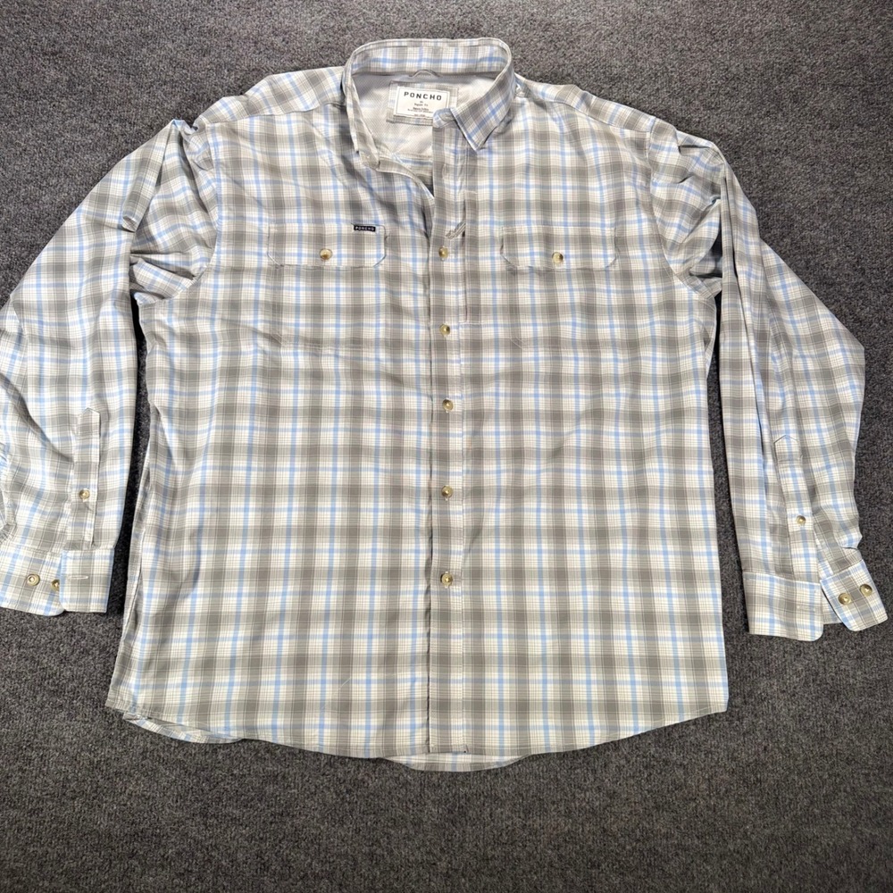 Poncho Outdoors Shirt Magnetic Pockets Plaid XL Grey Blue Mens Long Sleeve